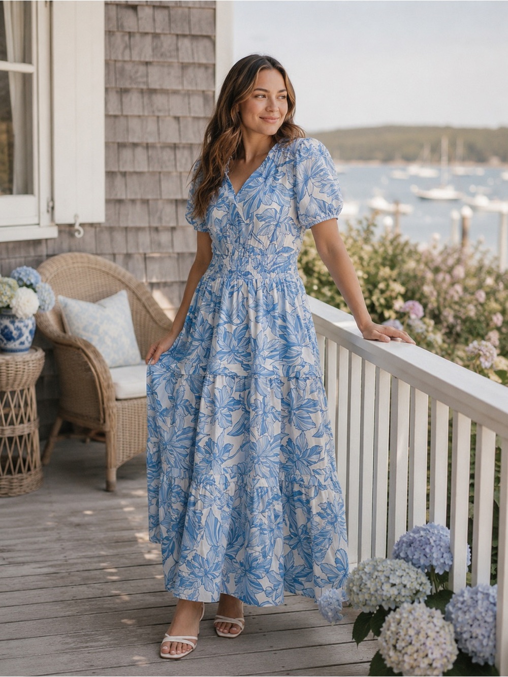 NWOT Ruby & Remi Denim Blue Floral Tiered Maxi Dress Size Small